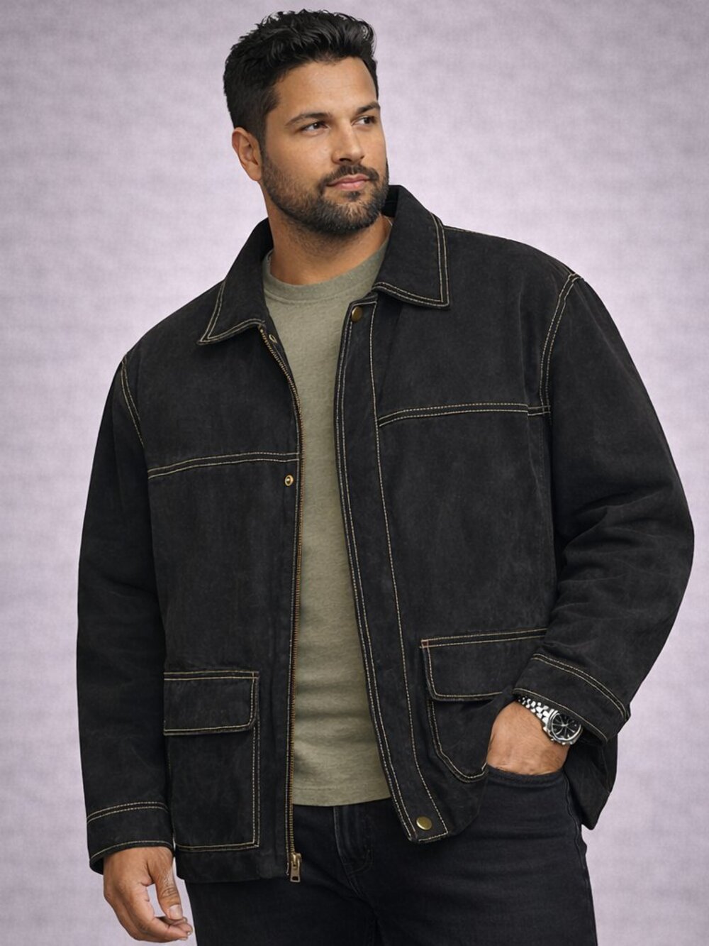 Wilsons Leather M. Julian Black Suede Jacket Men’s 2XL Snap Zip Contrast Stitch